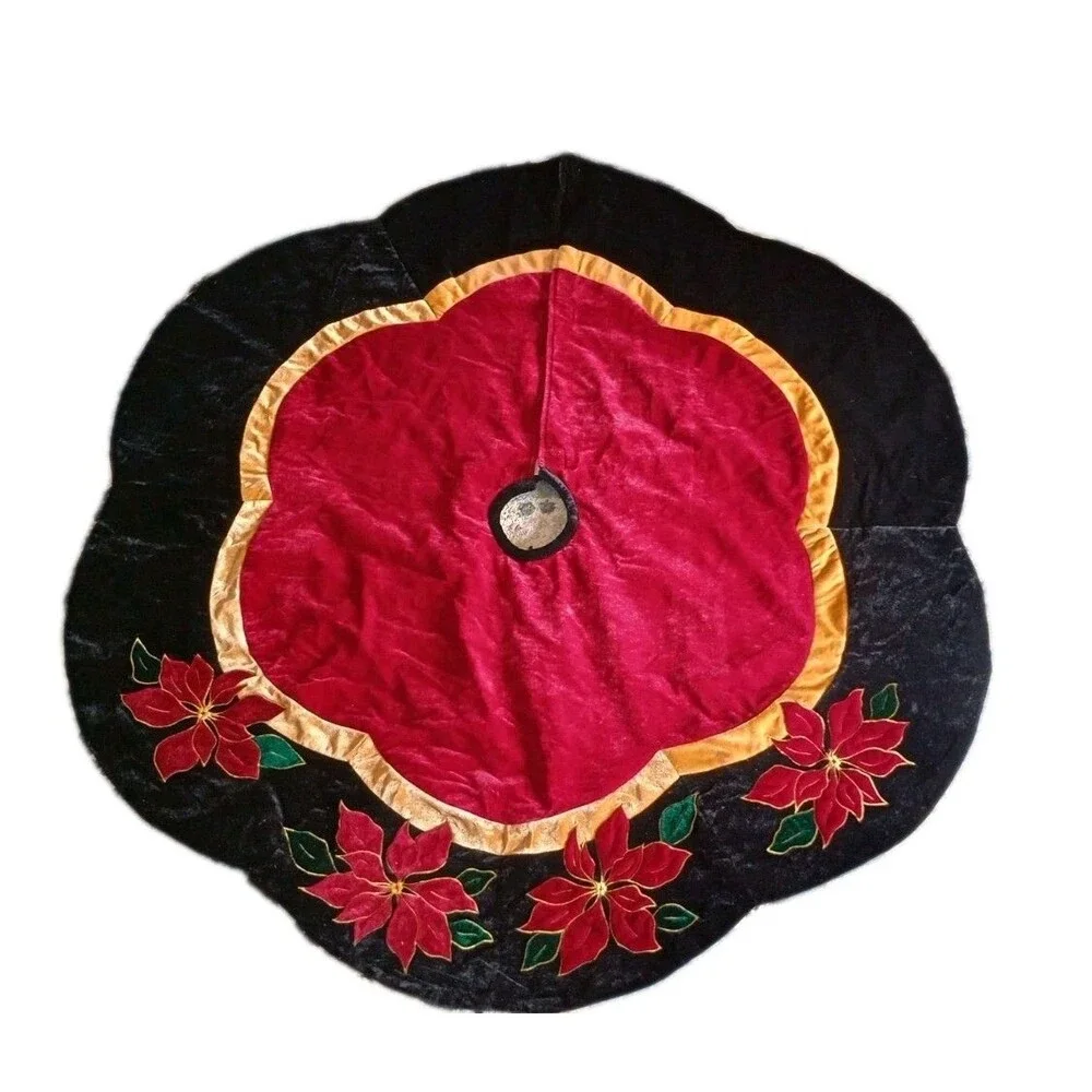 TREE SKIRT CHRISTMAS VTG POINSETTIA RED BLACK VELVET SCALLOPED EDGE 90s HOLIDAY